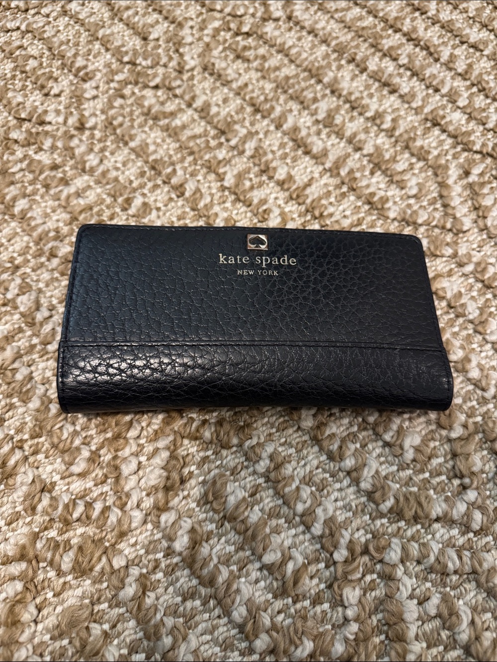kate spade Black Pebbled Leather Continental Wallet with Gold Logo